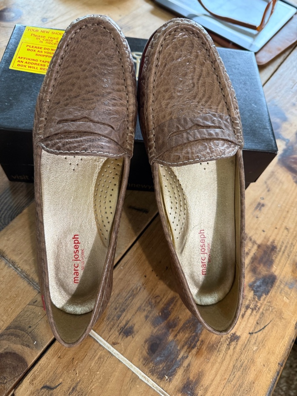 Marc Joseph East Village Taupe Rino Brown Pebbled Leather Penny Loafers